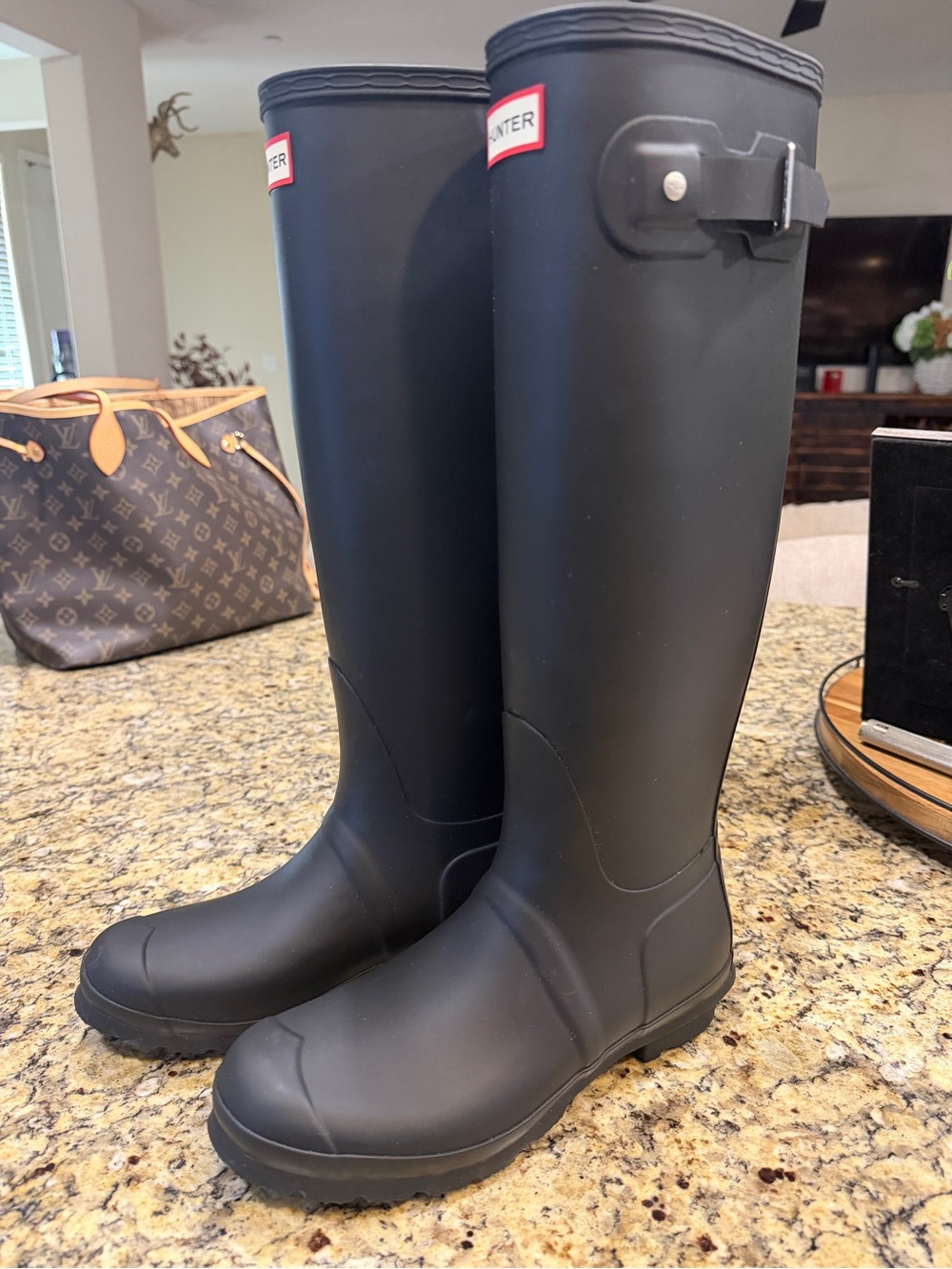 New Hunter Matte Black Knee-High Rain Boots with Side Buckle- never worn